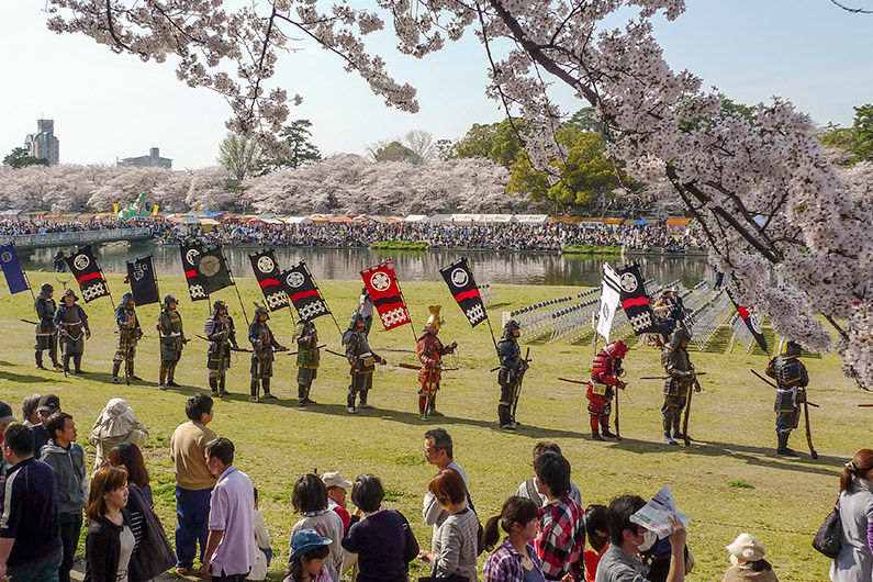 Samurai lined up and preparing to fire at the Ieyasu Festival in Okazaki