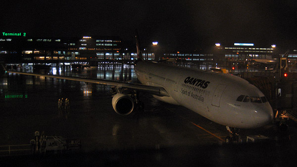 QANTAS flight direct from Tokyo to Sydney waiting at Narita Terminal 2.