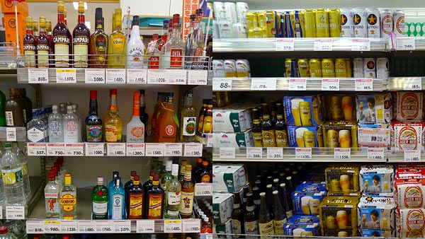 Cheap spirits and beer on the shelves in Japan