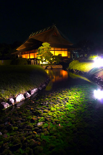 Rocky stream and teahouse, Okayama, Japan