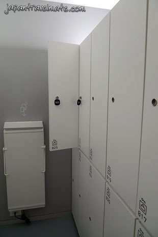 Lockers in the bath/shower area of the capsule hotel