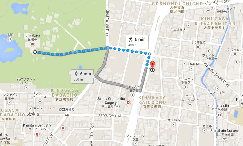 Kinkaku-ji to the bicycle hire terminal. Follow the blue line.