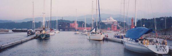 Yacht Drina, right, at Tannowa Marina in Wakayama, 1994.