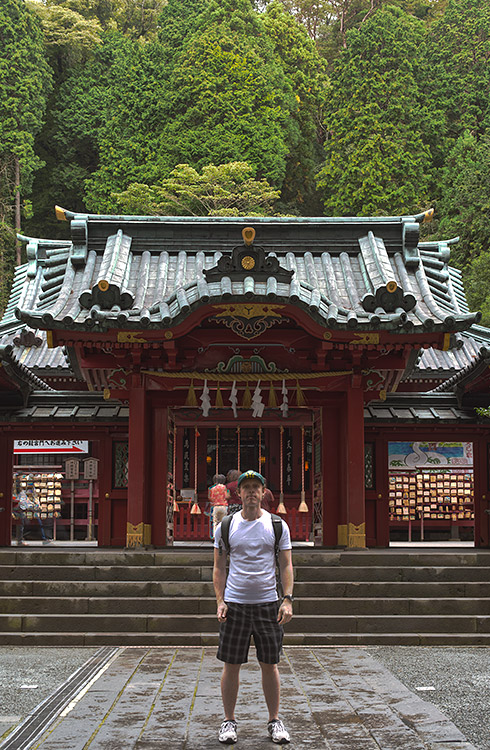 Standing in front of Hakone Shrine's Worship Hall