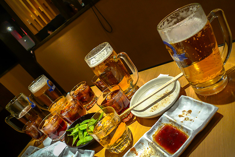 Chuhai, beer and edamame at Yakiniku King in Toyota city, Aichi