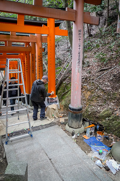 Painting one of the many torii gates at Fushimi Inari Shrine.